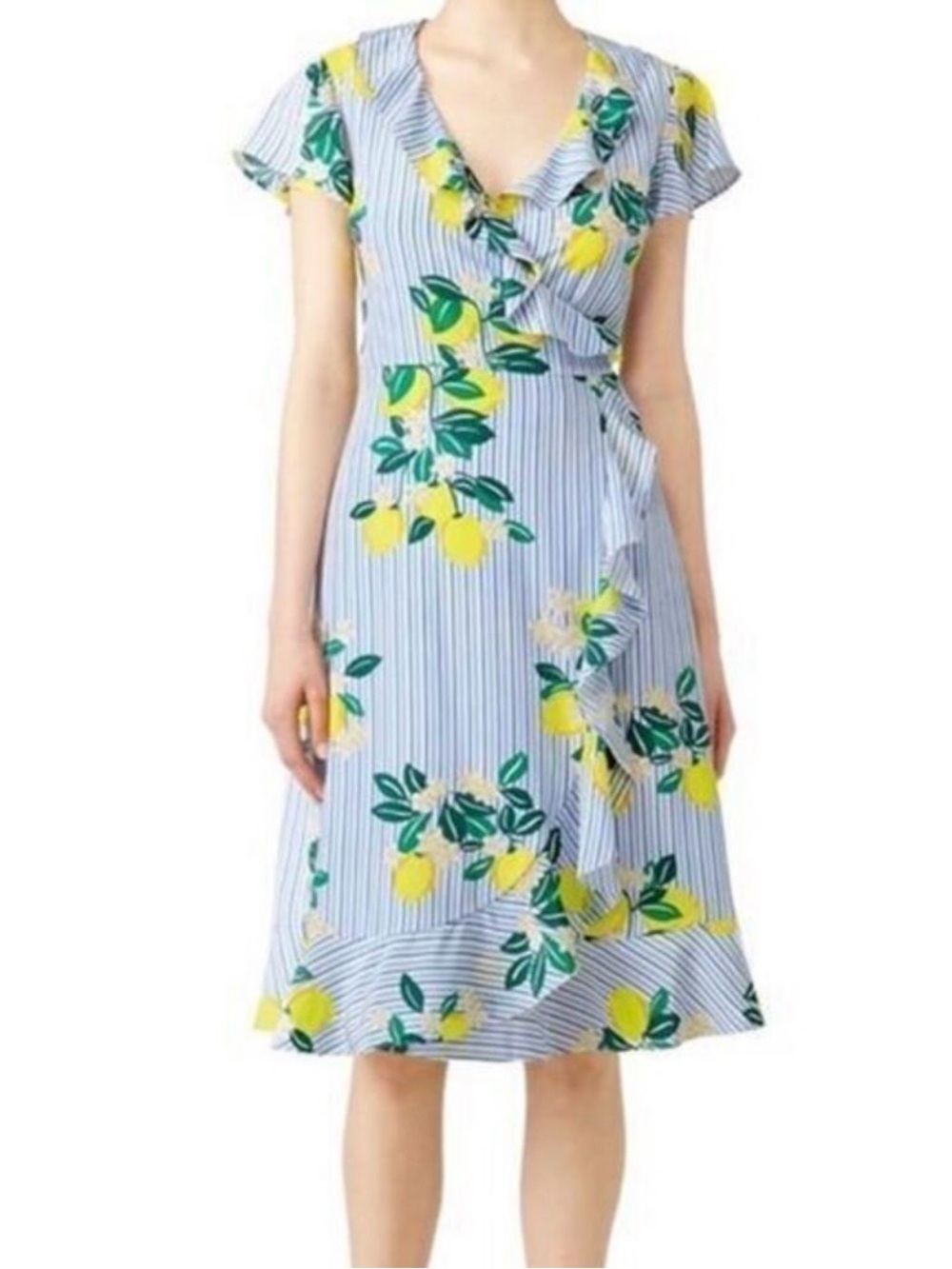 Draper James Women’s Silk Wrap Dress Blue Lemon Blossom Floral Size 2 XS